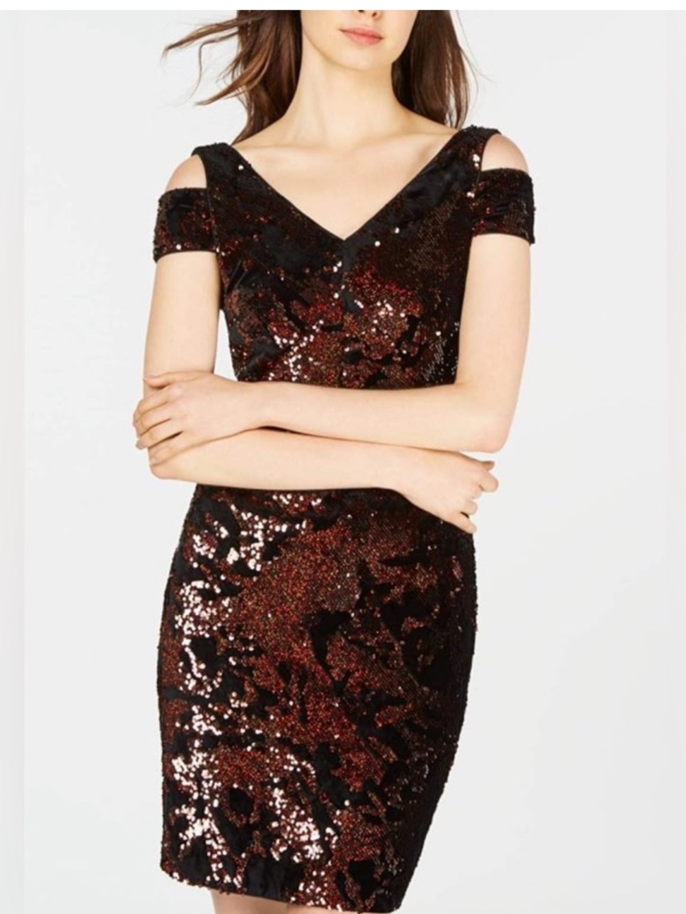 Calvin Klein Sequin and Velour Cold-Shoulder V-Neck Dress